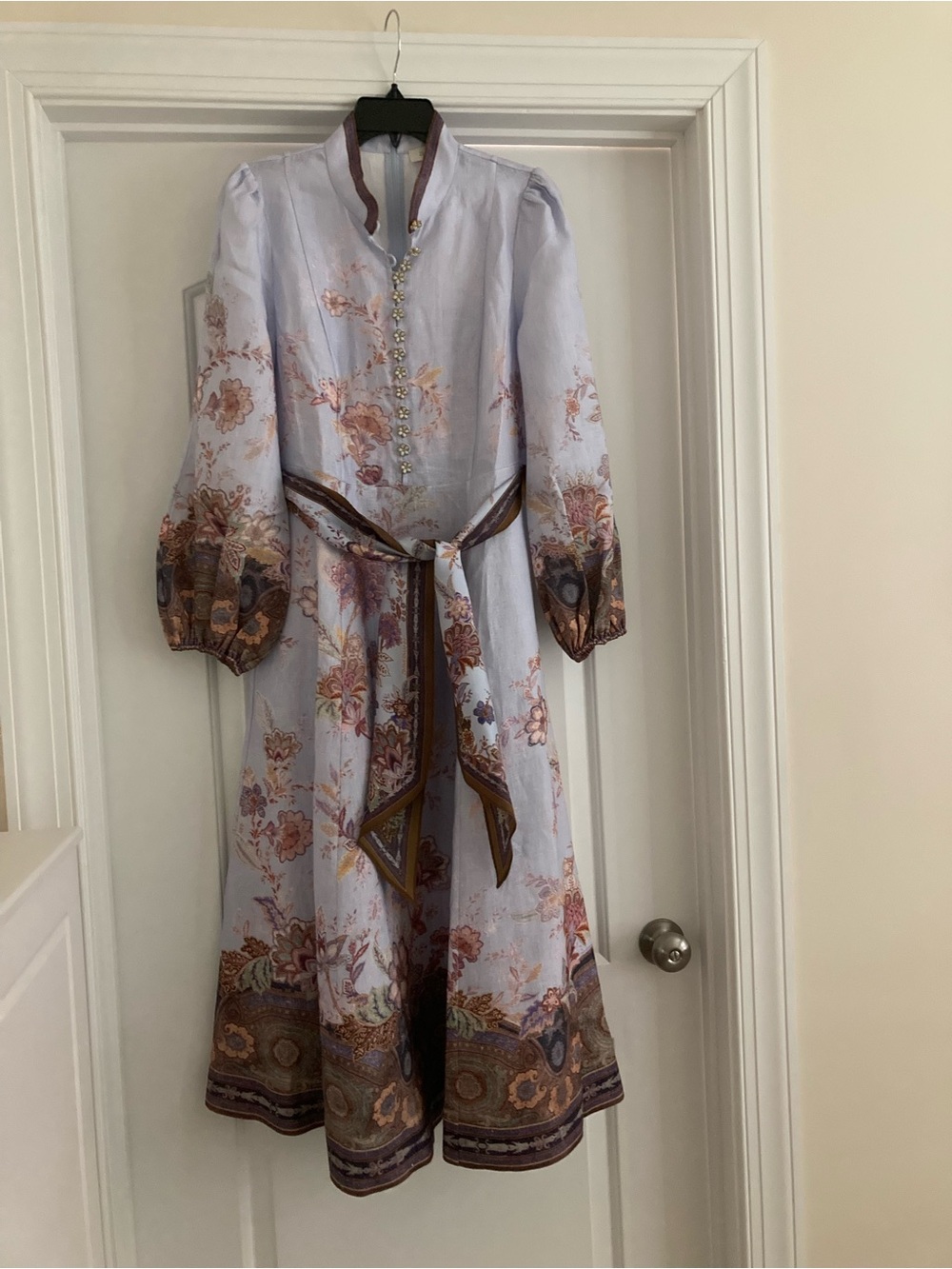 Zimmermann Lilac Floral-Print Long-Sleeve Midi Dress with Self-Tie Belt - Picture 8 of 12
